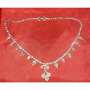 VINTAGE Clear Rhinestone Silver Tone Art Deco Paste Necklace 15" Wedding Crystal